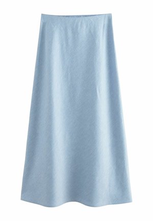 Jupe trapèze bleu clair avec une texture lisse, longueur genou, sans motifs ni décorations visibles.
