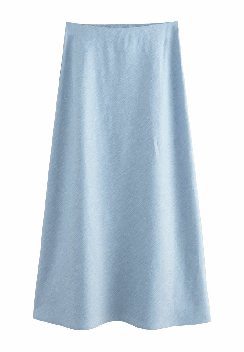 Jupe trapèze bleu clair avec une texture lisse, longueur genou, sans motifs ni décorations visibles.