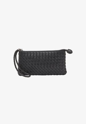 Black woven clutch bag with a zip closure, featuring a braided wrist strap and smooth leather accents. Compact design with textured surface.