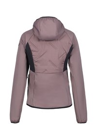 Giacca con cappuccio in mauve con pannelli laterali neri, caratterizzata da una superficie liscia e opaca e un dettaglio di cuciture diagonali sul retro.