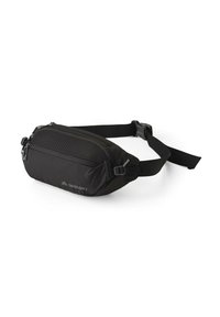 Black waist bag with a textured surface, featuring a main zip compartment, front pocket, and adjustable strap with a buckle closure.