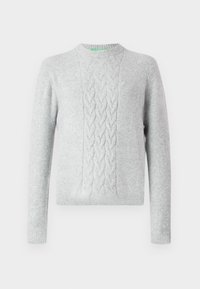 Light gray knitted sweater with cable knit pattern on chest, round neck, long sleeves, and ribbed cuffs and hem. Smooth texture, minimal branding.