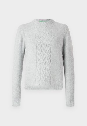 Light gray knitted sweater with cable knit pattern on chest, round neck, long sleeves, and ribbed cuffs and hem. Smooth texture, minimal branding.