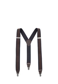 Brązowe i granatowe materiałowe szelki z srebrnymi metalowymi klipsami i centralną skórzaną łatką, z płaskim, V-kształtnym wzorem.