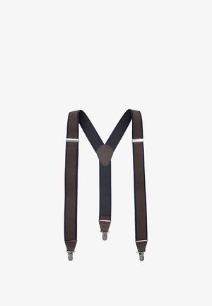 Brązowe i granatowe materiałowe szelki z srebrnymi metalowymi klipsami i centralną skórzaną łatką, z płaskim, V-kształtnym wzorem.