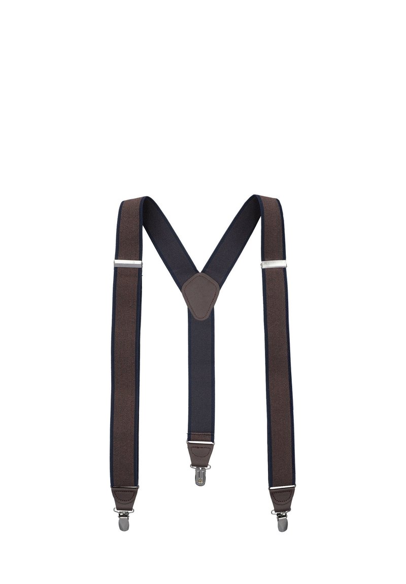 Brązowe i granatowe materiałowe szelki z srebrnymi metalowymi klipsami i centralną skórzaną łatką, z płaskim, V-kształtnym wzorem.