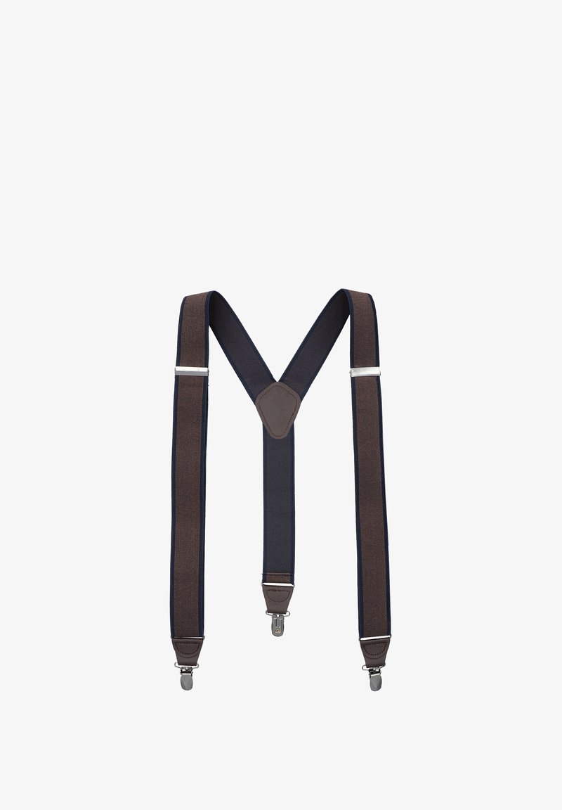 Brązowe i granatowe materiałowe szelki z srebrnymi metalowymi klipsami i centralną skórzaną łatką, z płaskim, V-kształtnym wzorem.