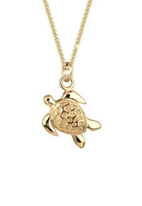 Zelta bruņurupuču kulons ar izsmalcinātu čaulas tekstūru un spuras, uz smalkas, savītas ķēdītes. Ir apaļš stiprinājums pakarināšanai.