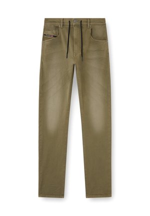 Olive-colored pants made of a cotton blend with a smooth texture, featuring a drawstring waist and five pockets, including a side pocket.