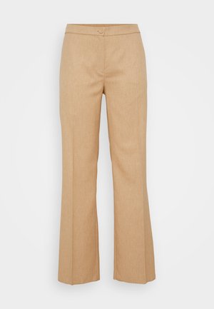 Beige, flared trousers made from textured fabric with a smooth finish. Features a front button closure and pockets at the sides.