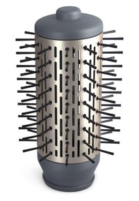 Ronde haarborstel met een grijze top en basis, metalen centrum met meerdere gaten en zwarte borstelharen die uit het oppervlak steken voor het stylen.