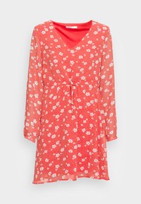 Vestido vermelho com estampado floral, decote em V, mangas longas e cintura com cordão. Feito de um tecido leve e transparente com um forro interior suave.