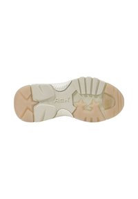 Suola delle scarpe in beige chiaro e bianco, con un design texture, realizzata in gomma, e due accenti a forma di stella al centro.