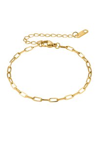 Bracciale in oro con maglie allungate, chiusura a moschettone e catena regolabile per personalizzare la misura. Marcato "K18" per autenticità.