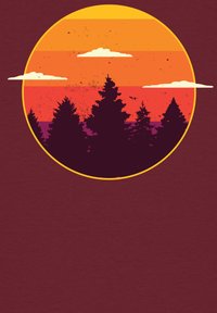 L'illustration présente un coucher de soleil circulaire avec des rayures orange et violettes, silhouettant des arbres de conifères sombres et des nuages légers, sur un fond marron.