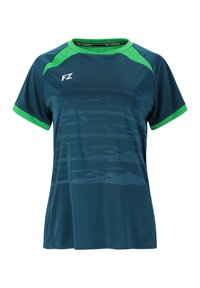 Mørk teal sports skjorte med grønne accenter på kraven og ærmerne. Har et subtilt mønster på fronten. Fremstillet af åndbart stof.