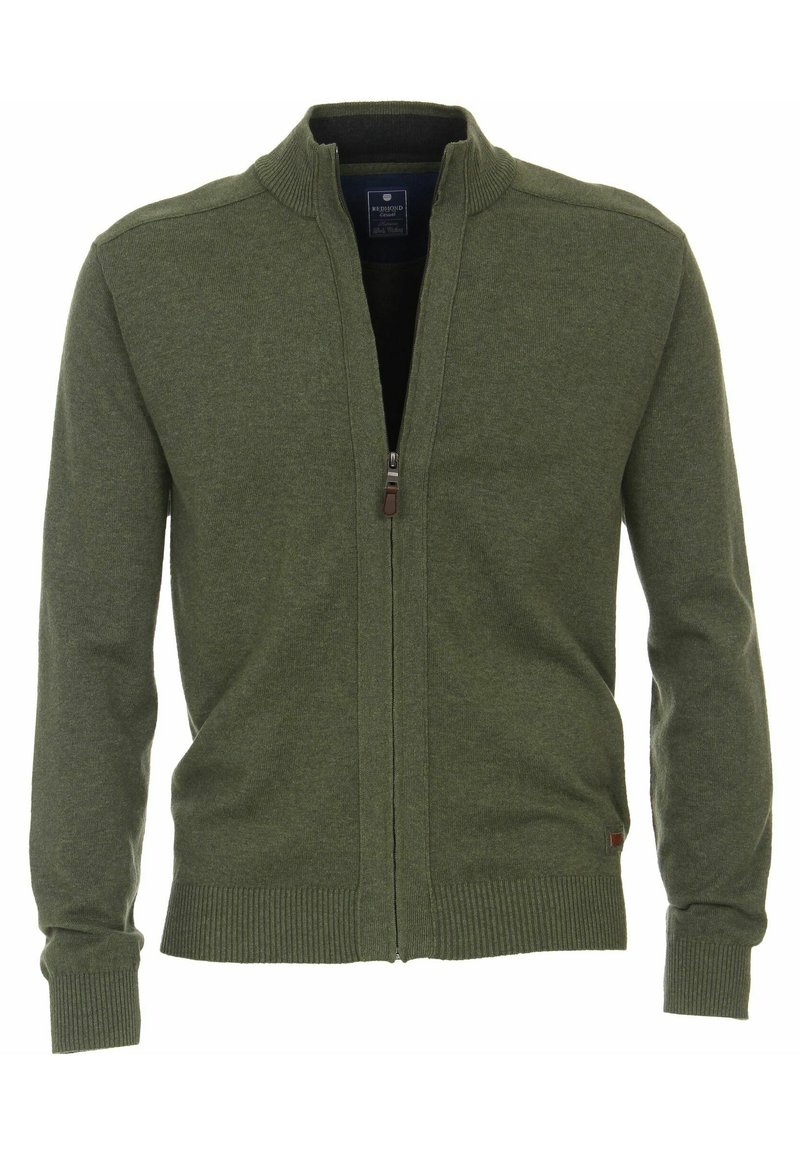 Grüne gestrickte Cardigan mit Reißverschluss, ausgestattet mit einem gerippten Kragen und Bündchen; verfügt über einen zentralen Reißverschluss und ein dezentes Markenlabel am Saum.