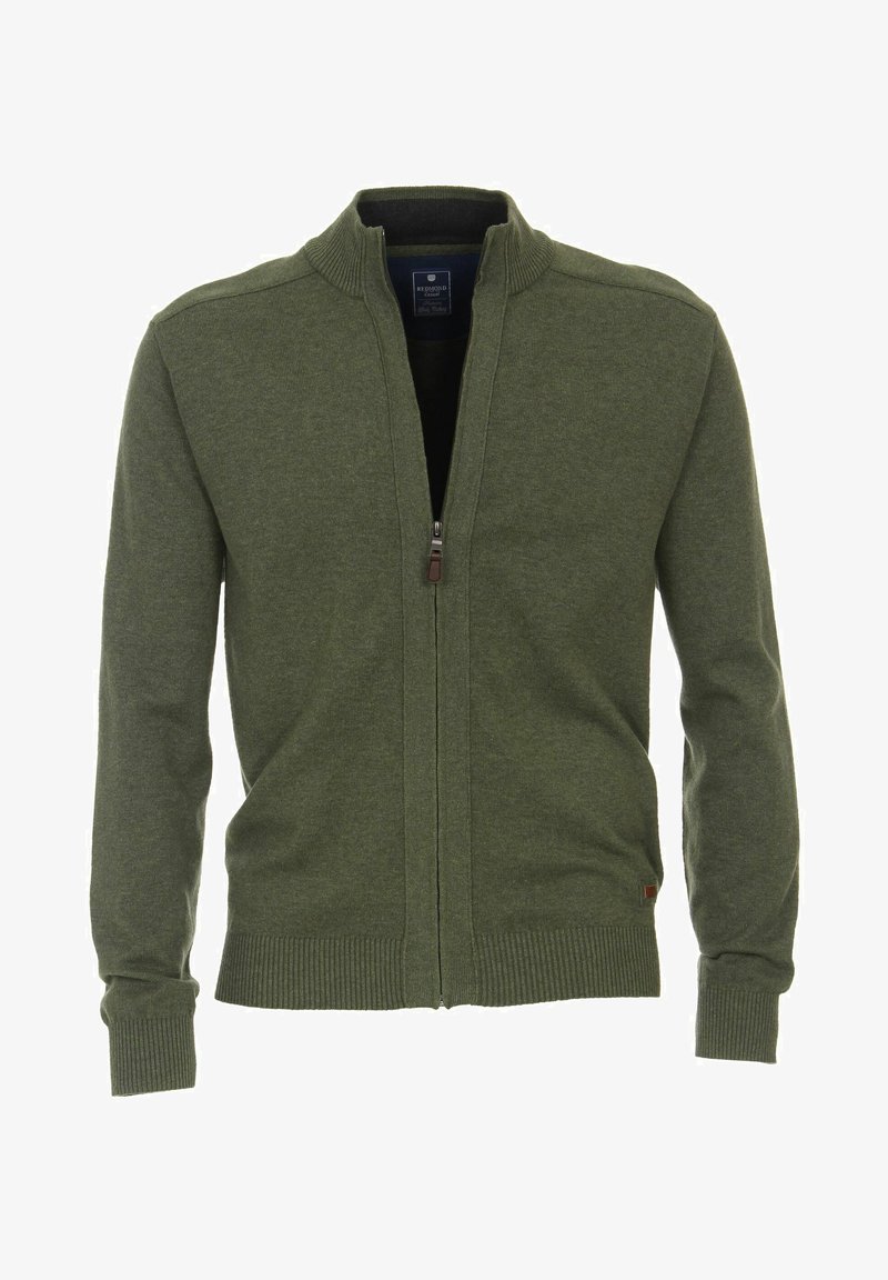 Grüne gestrickte Cardigan mit Reißverschluss, ausgestattet mit einem gerippten Kragen und Bündchen; verfügt über einen zentralen Reißverschluss und ein dezentes Markenlabel am Saum.