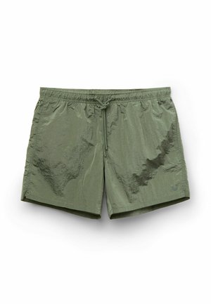 Green, lightweight swim shorts with an elastic waistband and drawstring. Textured fabric with a subtle sheen and logo on the lower hem.
