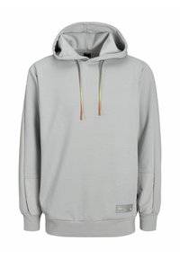 Lys grå hoodie lavet af blødt stof, med snor i hætten, ribbede manchetter og et lille mærke nederst til højre.