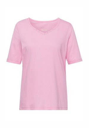 Rosa T-Shirt mit kurzen Ärmeln und V-Ausschnitt, versehen mit einer Reihe kleiner, klarer Nieten entlang des Ausschnitts. Hergestellt aus weichem Baumwollstoff.