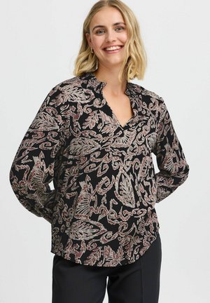 Sort langærmet bluse med V-hals, prydet med et blomster paisley mønster i beige og rustnuancer, lavet af letvægtigt stof.
