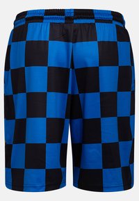 Blå og svart rutet badetights med elastisk midje og sidelommer, med en glatt, lett stoffkvalitet.