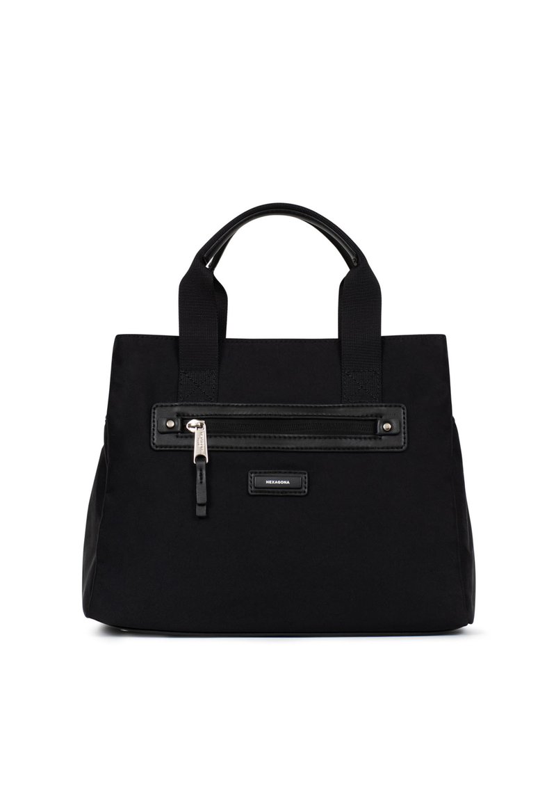 Borsa tote nera in tela con doppi manici, tasca frontale con zip e dettagli metallici argentati. Forma strutturata con una finitura testurizzata.