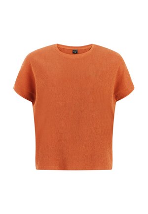 Oranje textuurtop met korte mouwen, ronde halslijn en losse pasvorm, maat small, afgebeeld op een witte achtergrond.