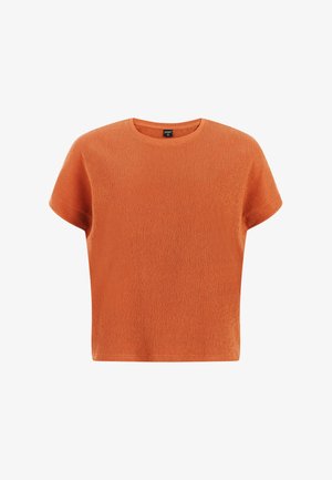 Oranje textuurtop met korte mouwen, ronde halslijn en losse pasvorm, maat small, afgebeeld op een witte achtergrond.