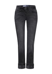Jeans de mezclilla negra con corte recto, que cuentan con un cierre de botón, dos bolsillos frontales y puños adornados con un diseño estampado.