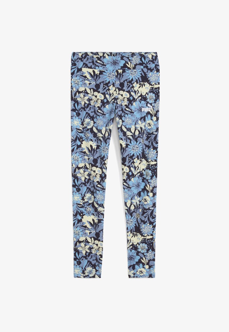 Cvečne legice z mornarsko modro podlago, okrašene z modrimi in kremnimi cvetovi. Elastična tkanina, oprijet dizajn in majhen bel logotip na strani.
