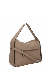 Borsa a tracolla in pelle tan con una texture morbida, una sola tracolla e una tasca con zip sul davanti. Presenta dettagli neri ai bordi.