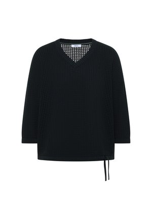 Pull noir en maille avec col en V, manches trois-quarts et détail lien coulissant à l'ourlet.