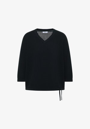 Pull noir en maille avec col en V, manches trois-quarts et détail lien coulissant à l'ourlet.