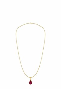 Kultainen riipuskaulakoru, jossa pisaranmuotoinen punainen jalokivi, hienolla ketjulla ja suljetulla silmukkalukolla.
