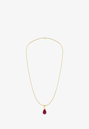 Auksinė pakabuko grandinėlė su kriaušės formos raudonu brangakmeniu, su subtilia grandinėle ir uždarytu kilpos užsegimu.