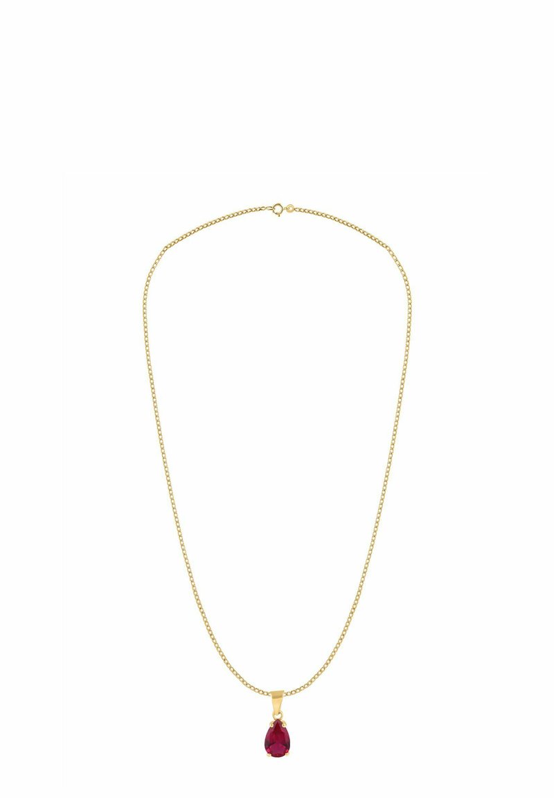 Kultainen riipuskaulakoru, jossa pisaranmuotoinen punainen jalokivi, hienolla ketjulla ja suljetulla silmukkalukolla.