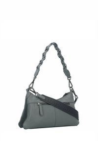 Borsa in pelle grigia con manico intrecciato, dotata di una tasca con zip e un accento in tessuto a contrasto. Design elegante con una forma morbida.