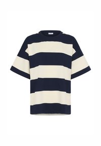 Navy and cream striped oversized t-shirt with a round neck, short sleeves, and a relaxed fit, made from soft cotton fabric.