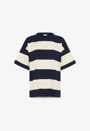 Navy and cream striped oversized t-shirt with a round neck, short sleeves, and a relaxed fit, made from soft cotton fabric.
