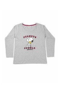 Maglietta grigia a maniche lunghe realizzata in tessuto morbido. Presenta una grafica di Snoopy con il testo "PEANUTS CUDDLE SOCIETY" in bordeaux e nero.