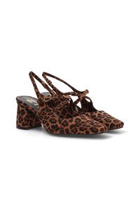 Zapatos de tacón alto con estampado de leopardo, punta afilada, textura aterciopelada, diseño tipo slingback y tacón grueso. Correa ajustable con hebilla.