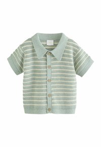 Svetlomodra kratka majica z dolgimi rokavi iz pletenine z ovratnikom, ki ima vodoravne črte, lesenimi gumbi in teksturirano tkanino.