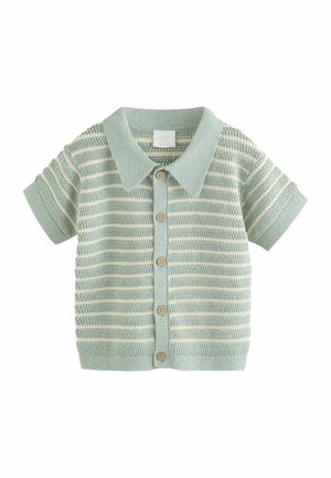 Svijetloplava kratkih rukava pletena košulja s ovratnikom, s horizontalnim prugama, drvenim gumbima i teksturiranim tkanjem.