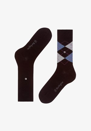 Calzini di cotone marroni con un motivo argyle con diamanti blu, grigi e rosa e un logo Burlington vicino alla punta. Dettaglio argentato incluso.