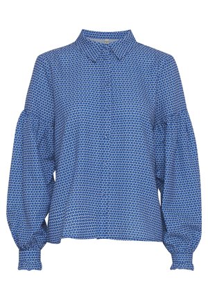 Blusa blu a fantasia con colletto, chiusura a bottoni, maniche voluminose e polsini elastici con un motivo ondulato bianco.