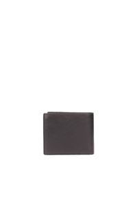 Portafoglio in pelle marrone scuro con design a bi-fold, caratterizzato da una texture liscia e dettagli di cucitura discreti, forma compatta e rettangolare.