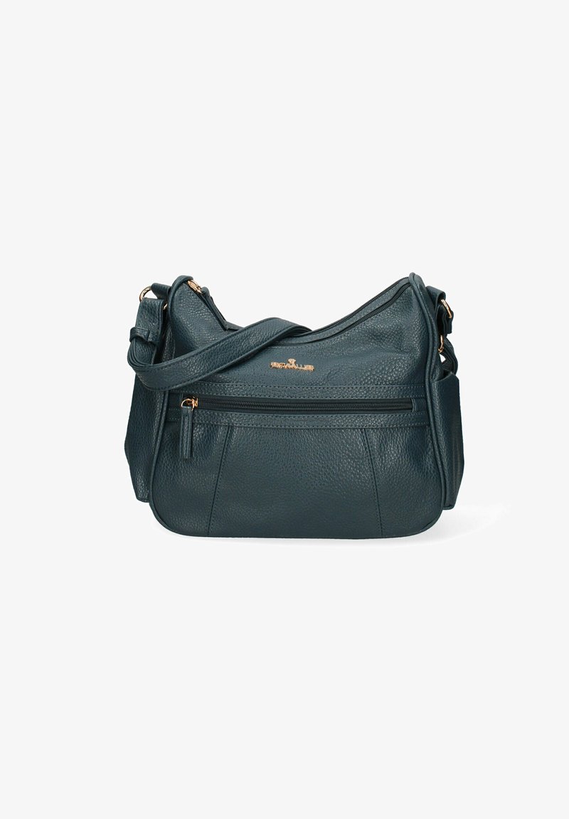 Borsa a tracolla in pelle verde acqua con finitura texturizzata, dotata di tasca anteriore con zip e dettagli in metallo dorato. Strapola regolabile inclusa.