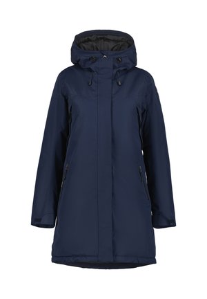 Parka de color azul marino impermeable con capucha, cordones ajustables, dos bolsillos con cremallera y corte recto. Tejido de textura suave.
